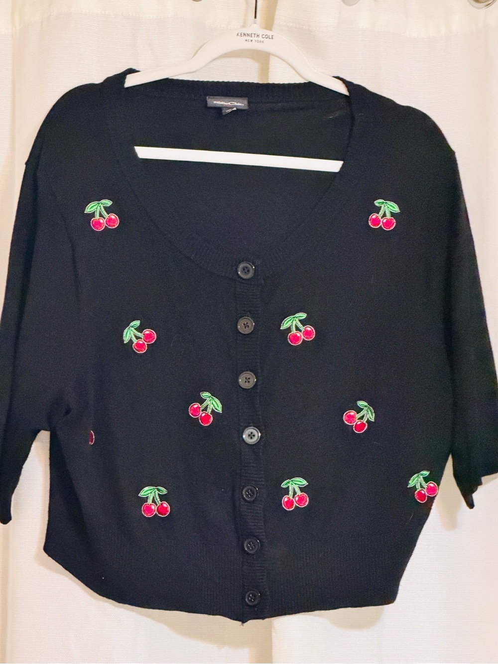 Torrid Retro Chic Black Cropped Cardigan Shrug with Cherry Embroidery.